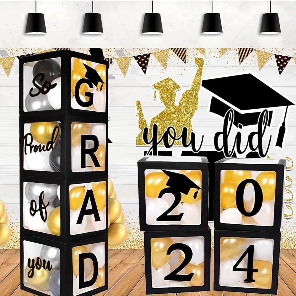 

1set, 2024 Graduation Party Decoration Black Balloon Box With Letters 2024 Graduates & So Proud Of You. Black Graduation Season Set, University Graduation Party Decoration