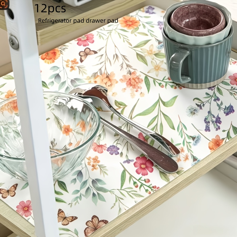 TEMU 12pcs Premium Thick Refrigerator Liner - Moisture-proof, Non-slip, Washable, Reusable, Eva Material, Flower And Pattern, Suitable For