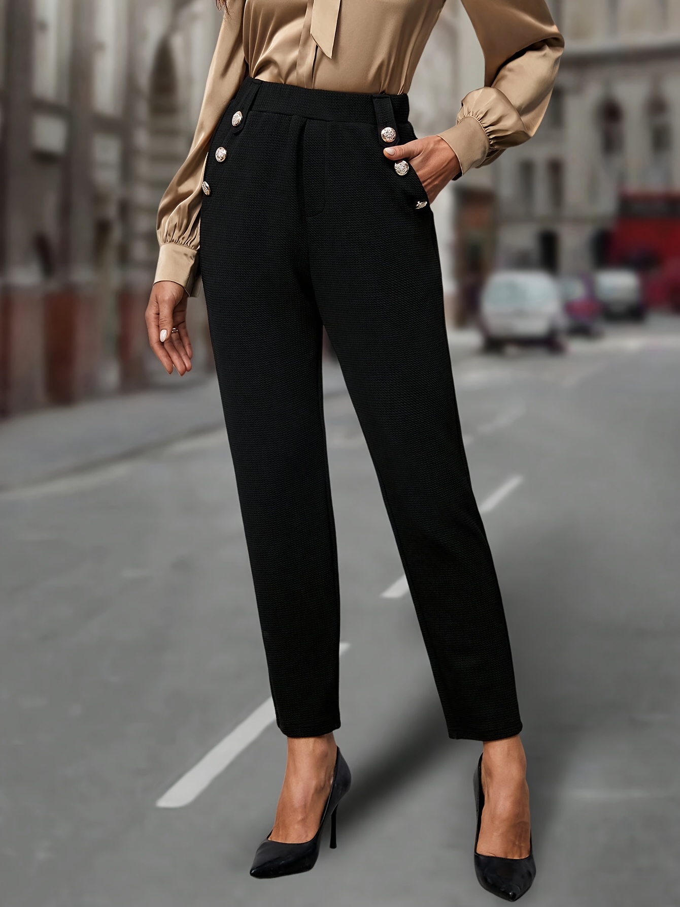 Solid High Waist Slim Trouser, Elegant Pocket Pants For Work & Office,  Women's Clothing