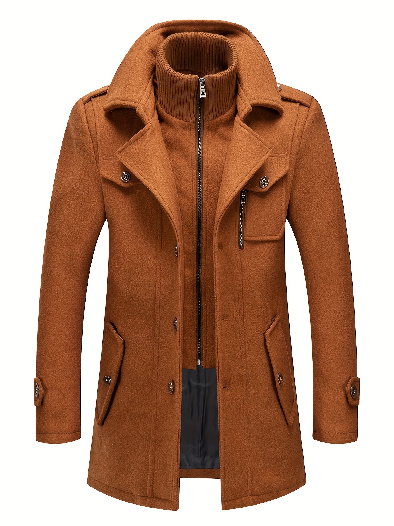 Men's Stand Collar Fleece Blend Pea Coat - Side View