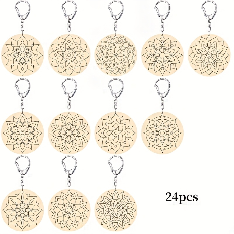 Gift For Her/him 12/24pcs Mandala Your Own Keychains Diy Craft Wooden Blank Keychains For Sunday School Classroom Party Favors Gifts, 12 Styles Christmas