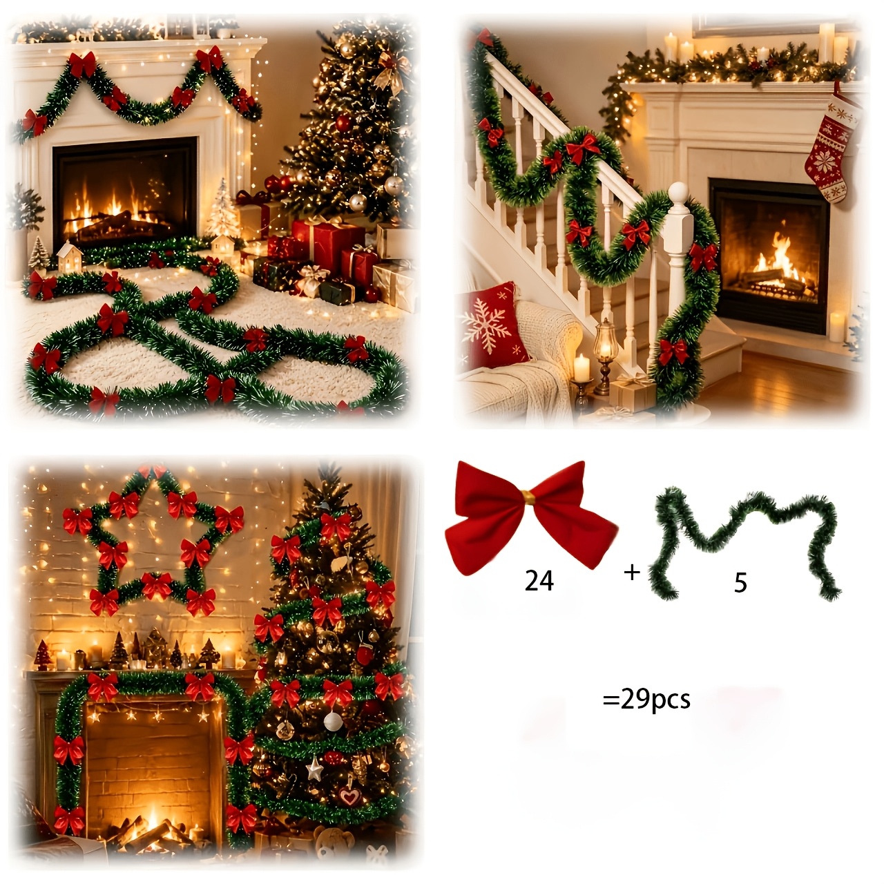 TEMU 5pcs Extra Long Luxurious Lifelike Artificial Pine Wreath/bow - Premium Christmas Holiday Decoration Ribbon With 24 Red Bows, Christmas Holiday