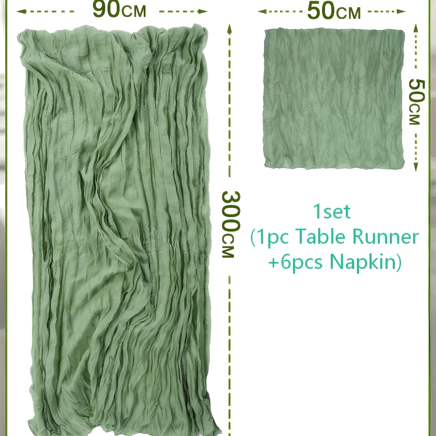 TEMU 1set, Sage Green Pleated Table Runner And Napkin Set, 1pc Table Runner And 6pcs Napkins, Solid Color Tablecloths, Elegant Holiday Table Decor,