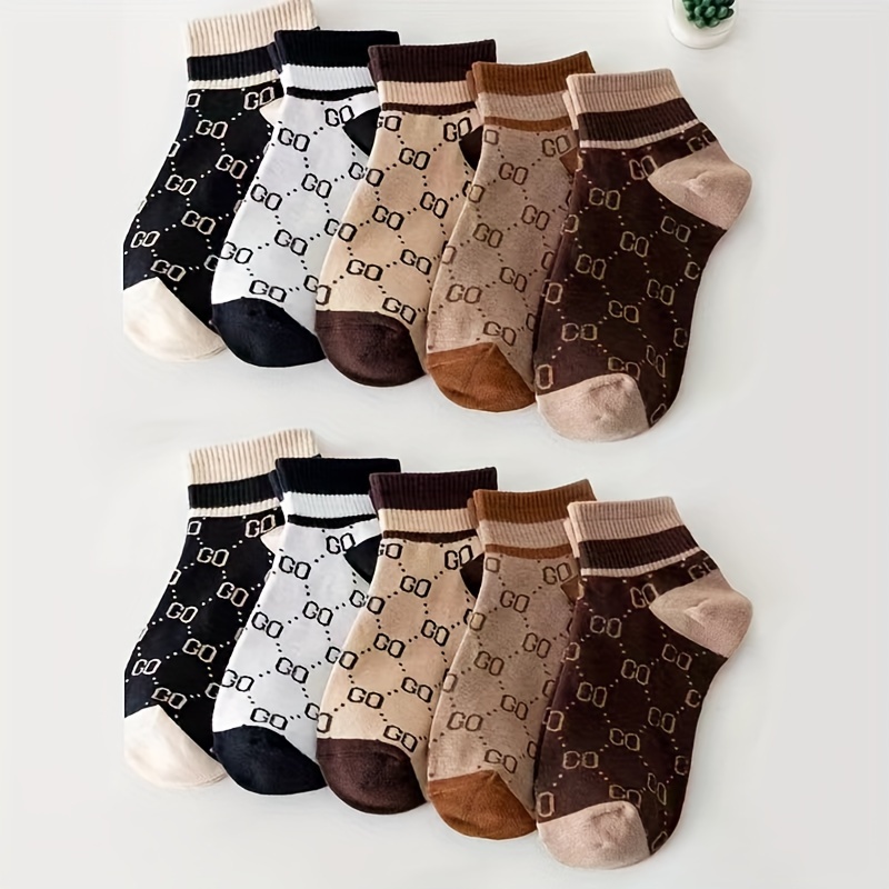 

Trendy Retro Letter Print Ankle Socks For Couples - Comfortable Polyester , Machine Washable, 5 Pairs Piece