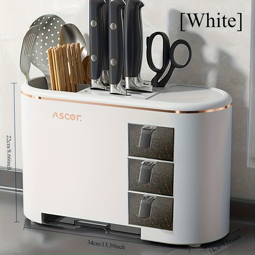 2 tier kitchen countertop organizer rack for knives spoons and utensils durable plastic with accents multi compartment storage for chopsticks spices and cookware space saving design for modern kitchens kitchen organizer sleek kitchen rack durable plastic rack Product details 1