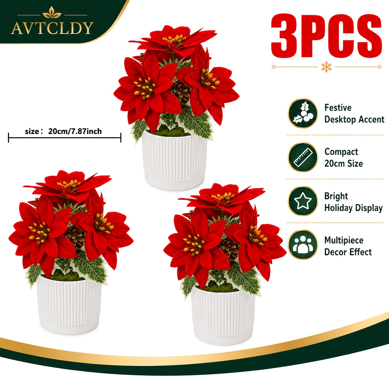 TEMU 3pcs Red Poinsettia Artificial Potted Plant Set With White Vertical Stripe Planter, Christmas Tabletop Floral Decor, Suitable For Living Room