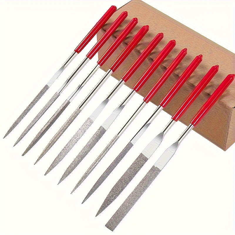 10 piece diamond mini rasp set 140mm 5 5in for ceramic wood jewelry polishing carving small projects precision craft rasp tools with red handles details 0