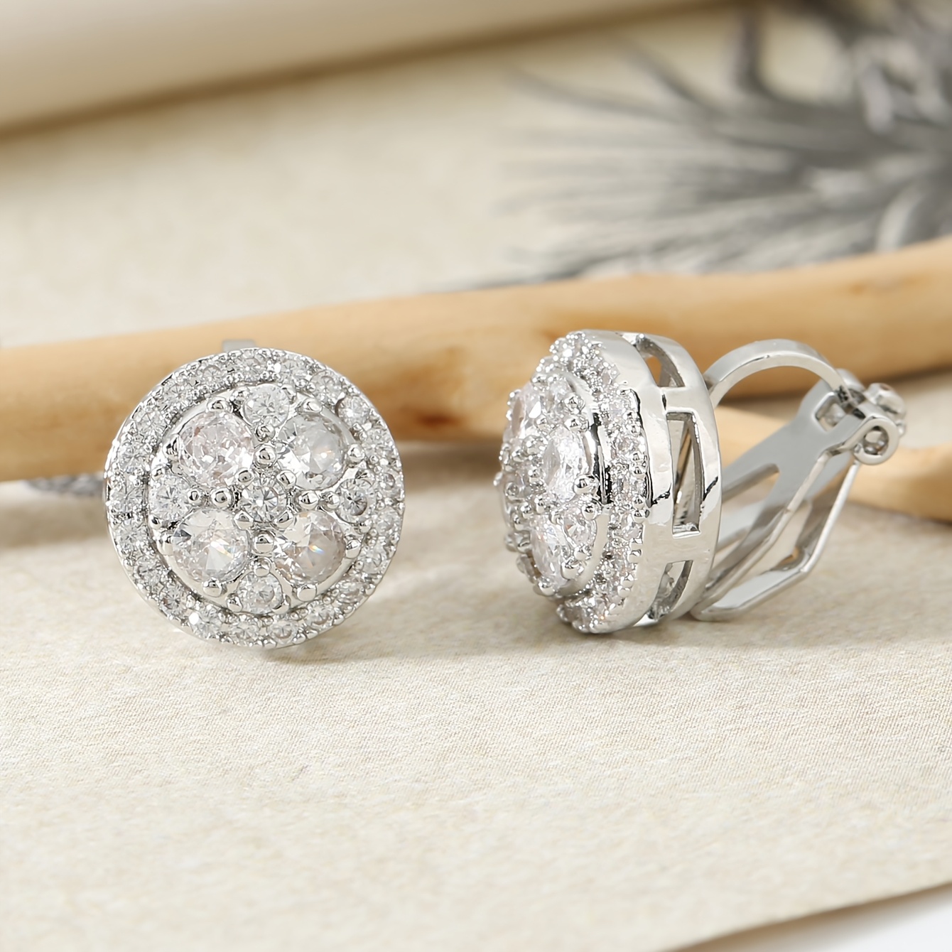 TEMU Of Clip-on Earrings Without Piercing, Featuring A With Round Synthetic Zirconia Stones. Made From High-quality Hypoallergenic Copper Inlaid With