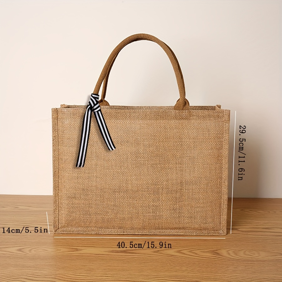 Image of Women's Casual Jute Handbag With Black Ribbon Bow - Large Capacity Zipper Closure Handbag For Travel, Beach, , Shopping - High-quality