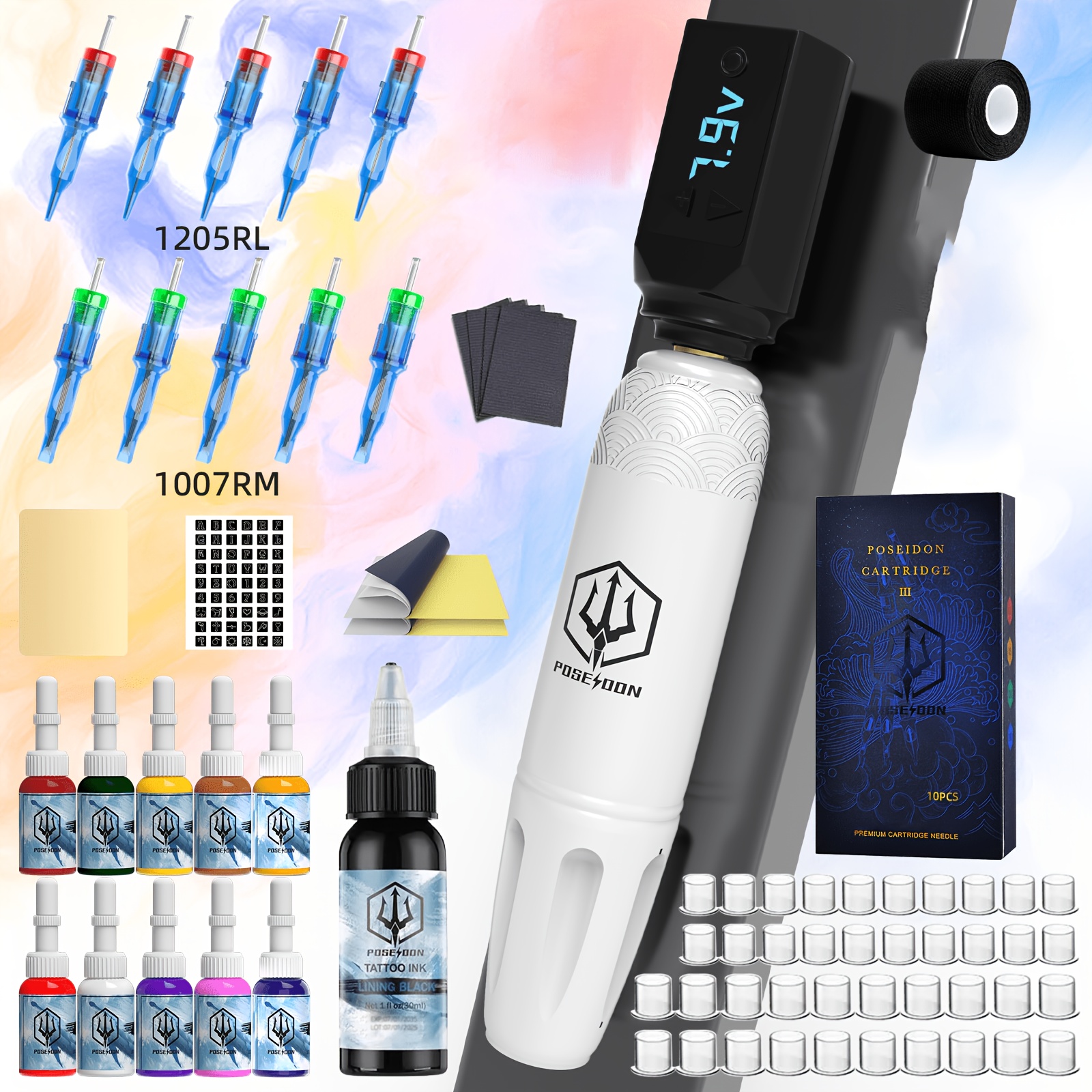 Poseidon Wireless Tattoo Kit - Cordless Rotary Tattoo Pen With 10 Cartridge Needles, Rechargeable Lithium Battery, Usb Powered, Ideal For Beginners & , Tattoo Supplies | Modern