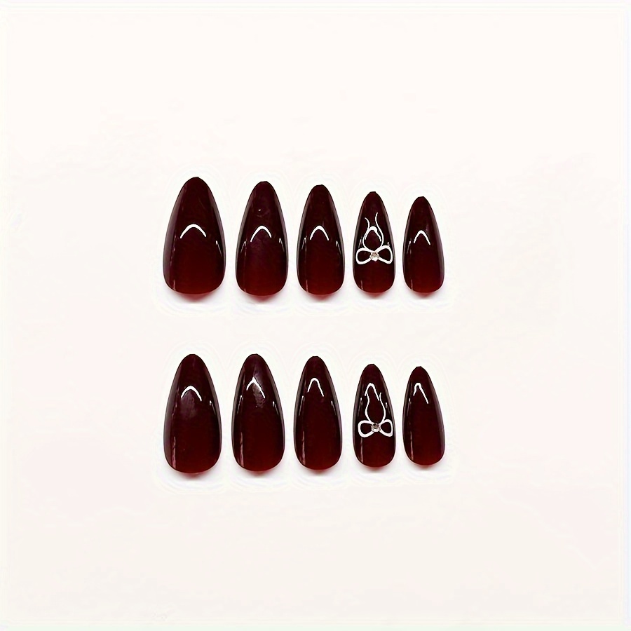 Glossy Red Press Nails Bow Nails Medium Almond Square Temu Kuwait