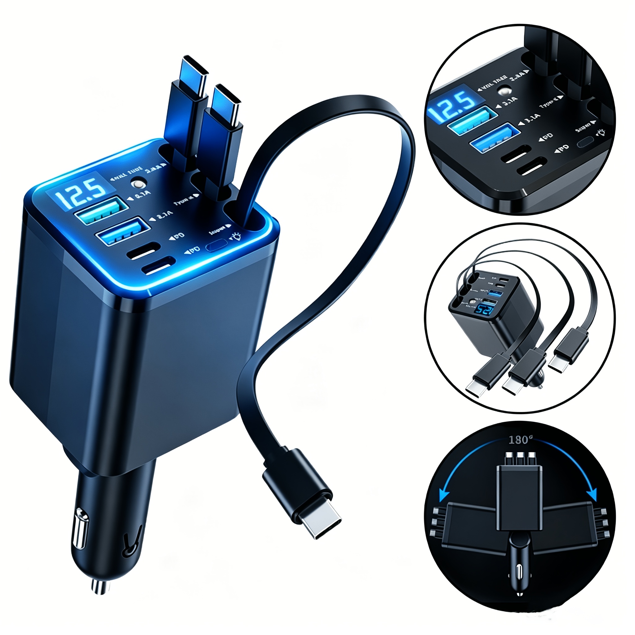 Image of Upgrade Blu-ray Atmosphere 7-in-1 Car Fast Charging Charger, Type-c Multi-interface, Universal For All Car Models Car Adapter Anti-winding Retractable Three-, 180° Free-rotating Plug, Dual Usb Dual