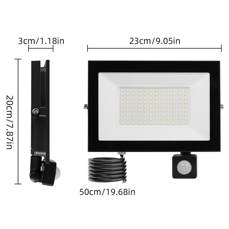 100w Led Frameless Floodlight With Motion Sensor, Suitable For Ac 220-240v, Featuring An Aluminum Body With A Painted End, Includes Mounting Hardware, 6500k Cool White Light