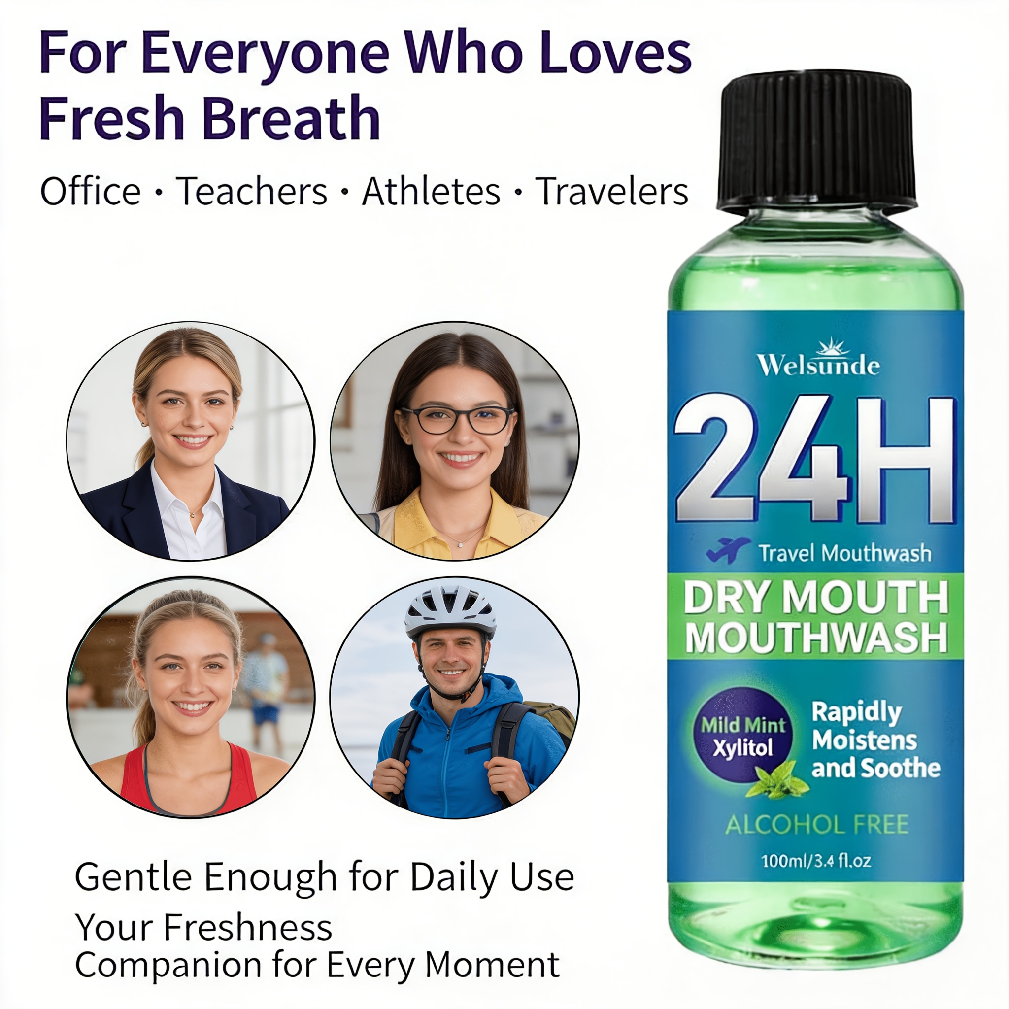 24H Dry Mouth Mouthwash - Rapidly Moistens And Soothes with a Minty Taste, Contains Xylitol, Helps Maintain Oral Comfort, Long-Lasting Oral Comfort, Travel Mouthwash, No Oral Irritation, Natural Ingredients for Daily Oral Care, Suitable for Everyone