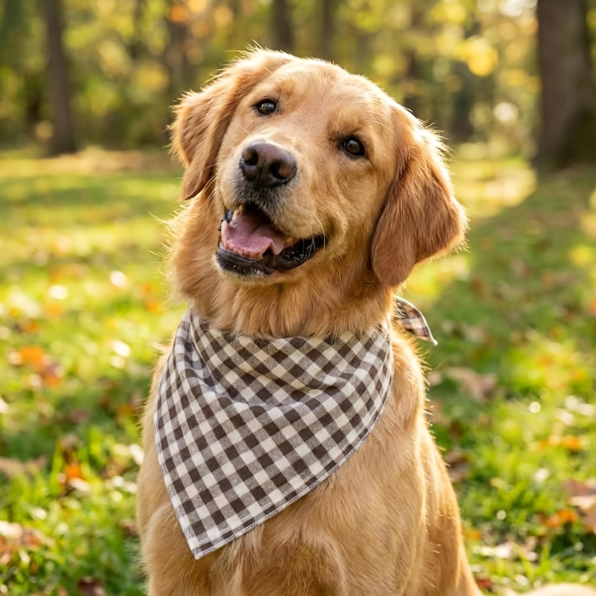 TEMU 1pc Large Dog Bandana - Linen Plaid Suitable For - Wear, Soft Breathable Adjustable Rope Tie For Males & Females, Khaki Neutral Bandanas For