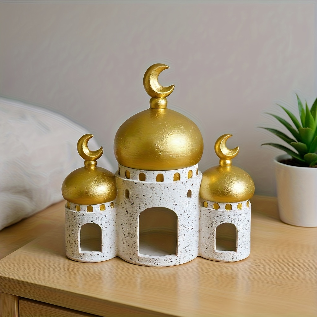 A Decorative Piece Featuring a Golden Roof And White Walls, Resembling an Islamic. This Arab-Style Architectural Ornament Is Perfect for Indoor Decor, Especially During Ramadan, Eid Al-Adha
