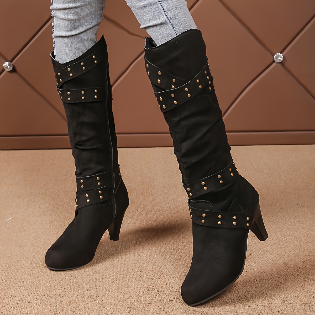 TEMU Spicy Pointed-toe High Heel Knight Boots For Women, New Autumn/winter Style, With Rivets, Chunky Heel, Over-the-knee Long Boots, Women Shoes