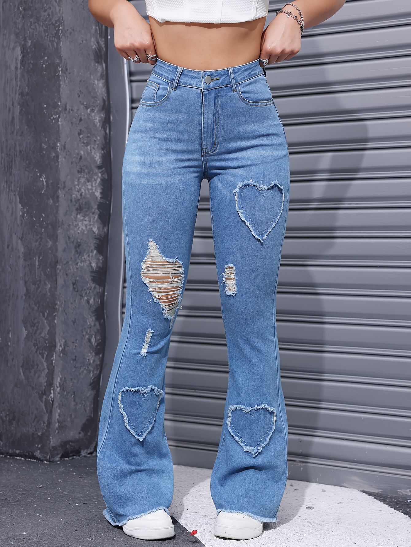 Women's High-Waisted Distressed Bell-Bottom Jeans with Fringe Hem Heart  Patch Stretch Denim, White Fringe Trousers for Boho-Chic Style