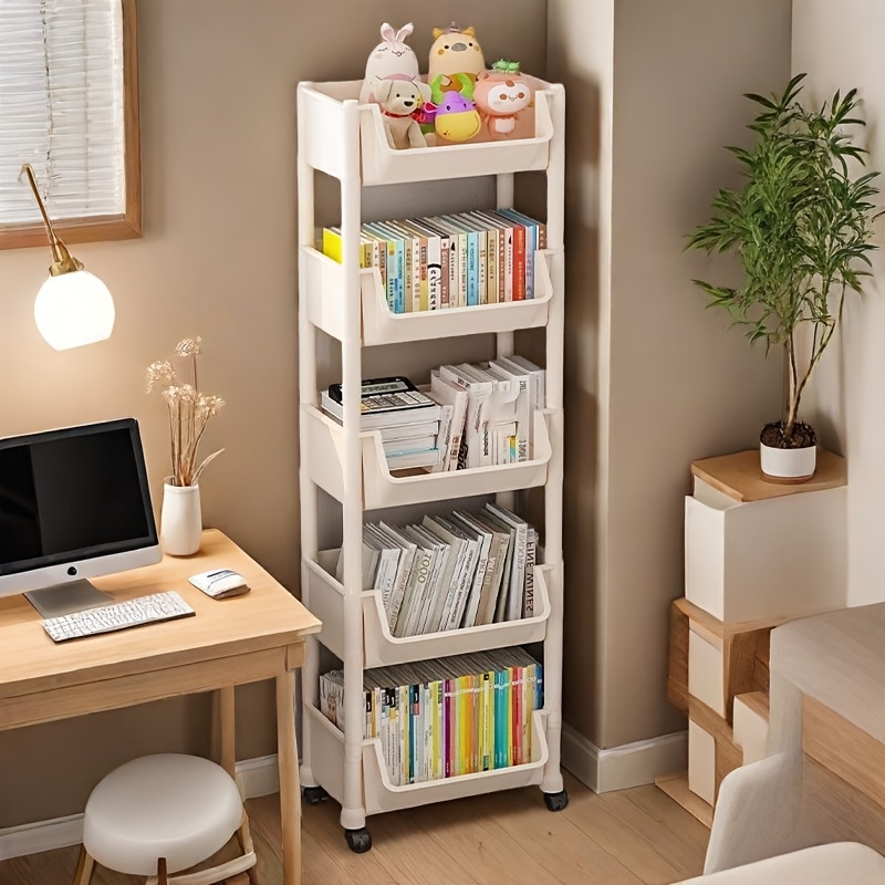 white 3 tier bookshelf with wheels freestanding vertical storage organizer for office bedroom or study durable plastic easy assembly 27 height 20 lbs capacity   books decor and more bookshelf decor bedroom organizer   sturdy construction   modern aesthetic lightweight   organizers plastic storage unit plastic unit bookshelf bookcase Product details 3