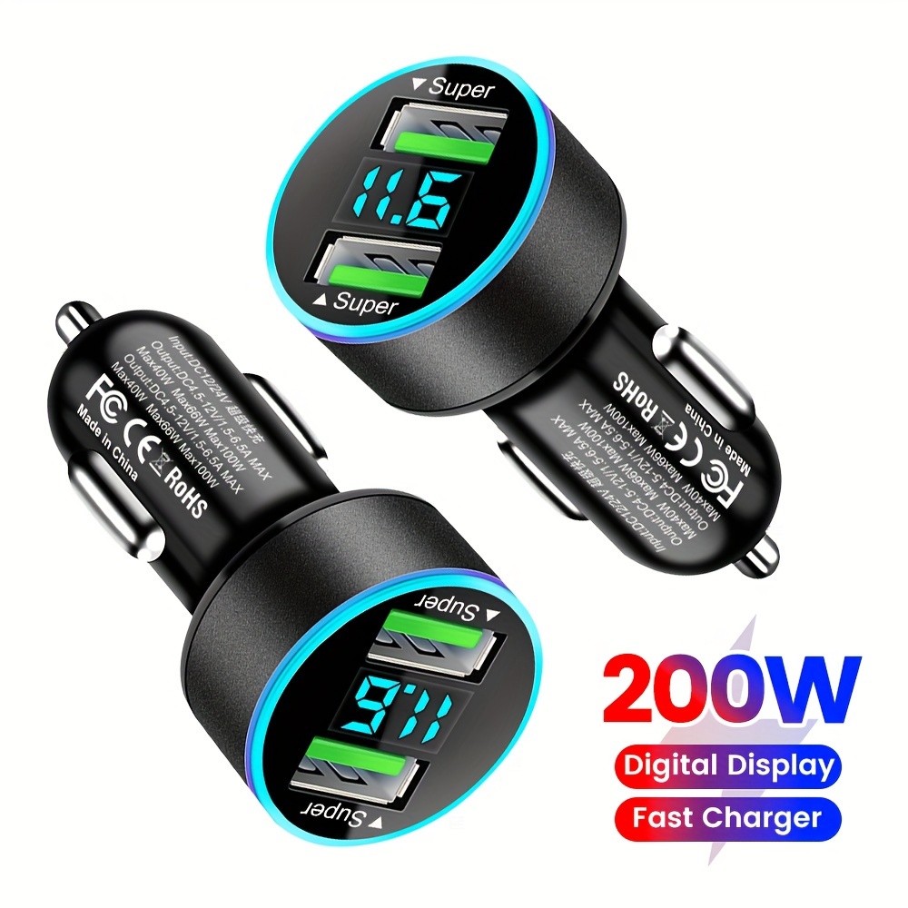 Chargeur de voiture numérique double USB 200 W avec double sortie de port : 100 W + 100 W - Connexion stable, surveillance en temps réel, charge rapide et compatibilité de voyage