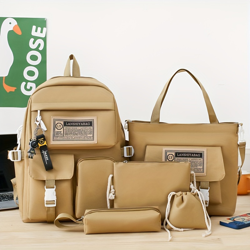5-Piece Solid Color Backpack Set with Large Capacity Double Shoulder Bag, Tote, Pencil Case, Crossbody, and Lightweight Student Bag in Multi