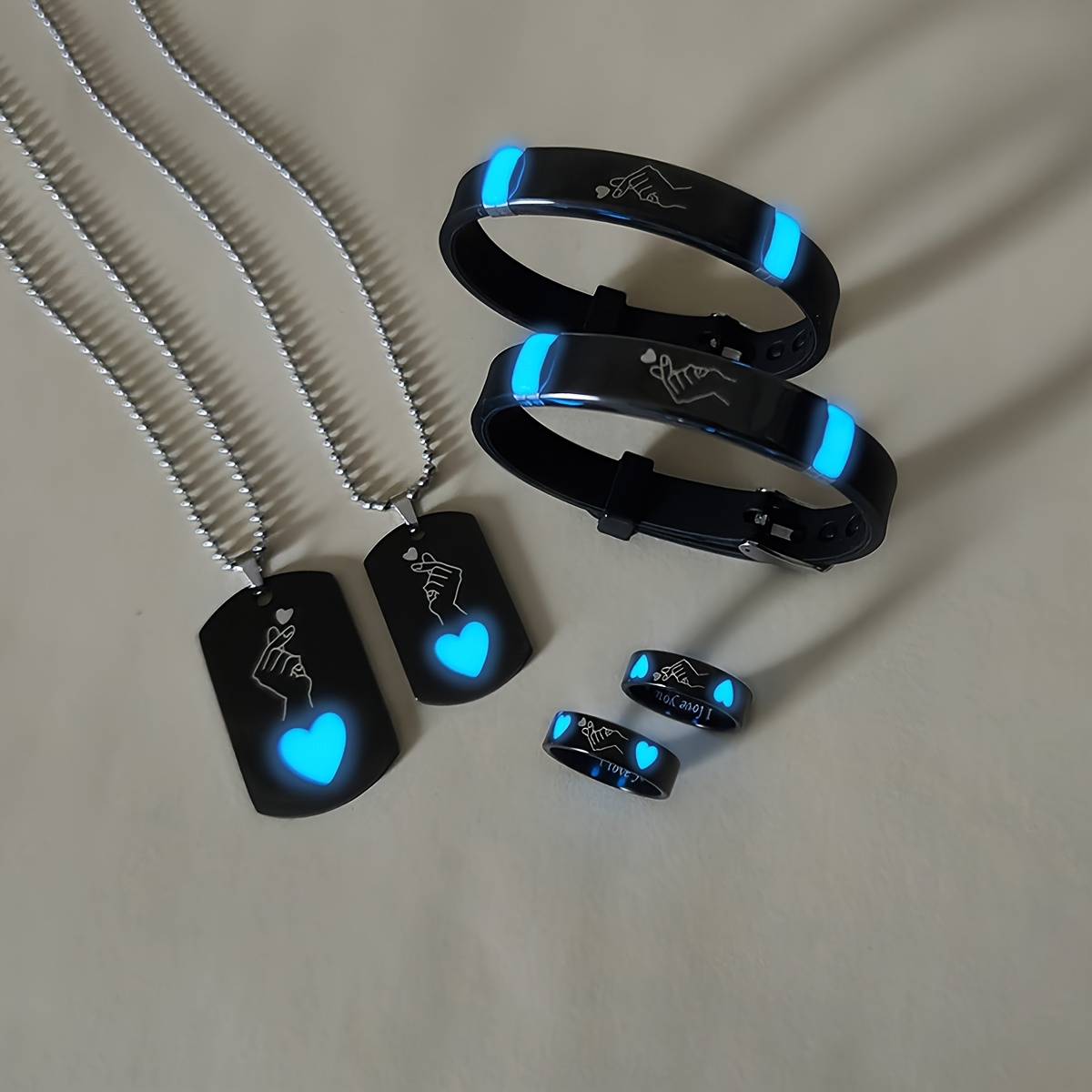 Image of 6pcs -the-dark Couple's Matching Jewelry Set - Luminous Heart & Hand Symbol Necklaces, Bracelet & Rings - -charged Romantic Gift For Valentine's Day, Matching Accessories