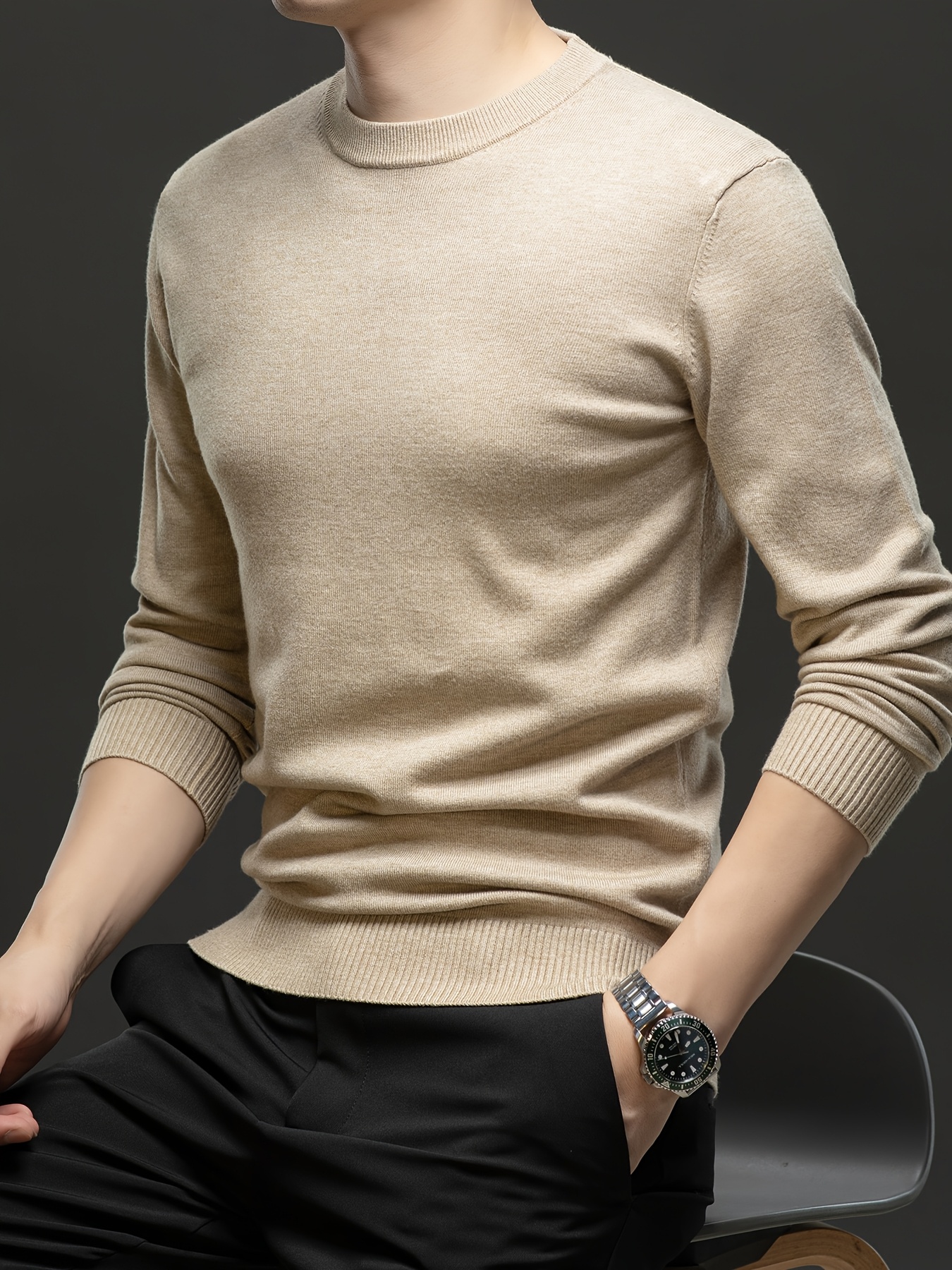 Moda Jersey Solo Mangas Y Cuello Suéter Casual Hombre Jersey