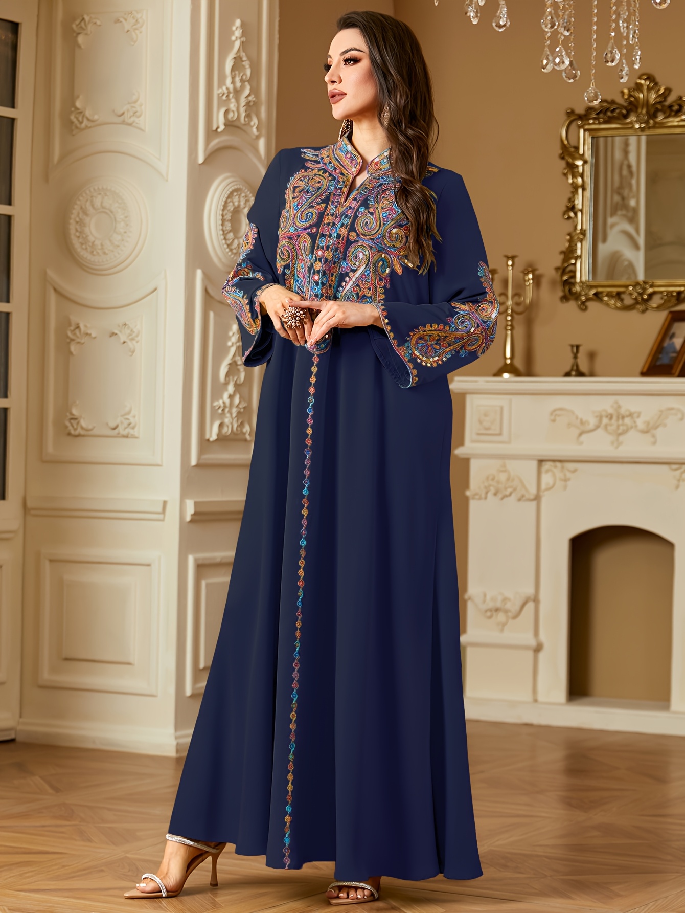 elegant middle eastern arabic line maxi dress v neck long - Temu