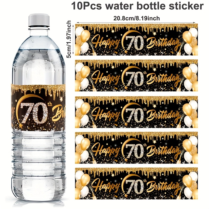 Image of Pack Of 10 Suitable For 70th Birthday Water Bottle Labels - Golden & Black Glitter Numbered 70 Wrappers, Elegant Party Decorations For Elderly , Old Anniversary Party Supplies For Bottles
