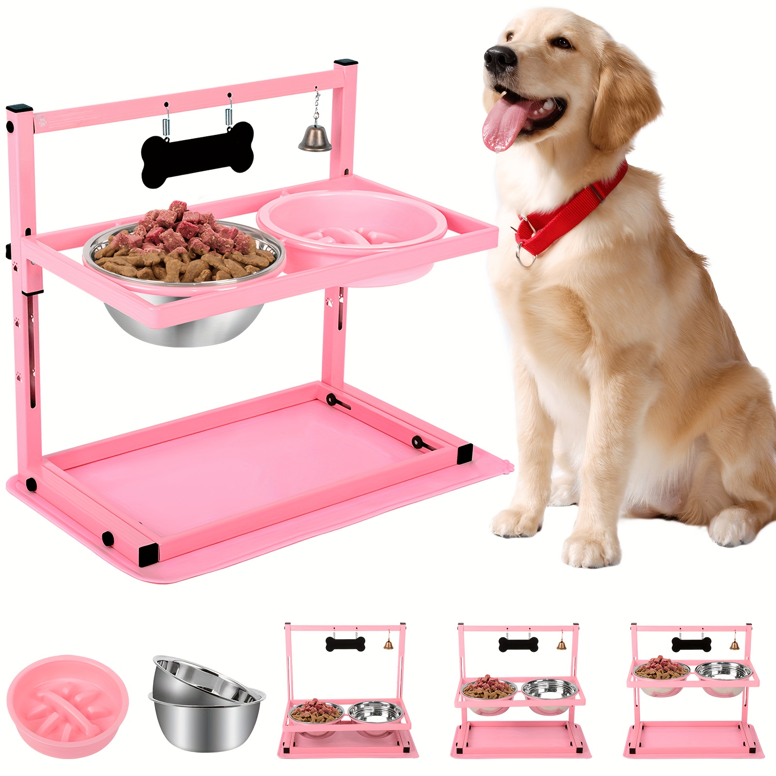 

Adjustable Raised Dog Bowl Stand With 2 1700ml Stainless Steel Food Bowls, A Slow Dog Feeder And A Silicone Food Mat, Pink Dog Feeder, Elevated Dog Bowl For Large Medium And Small Dogs