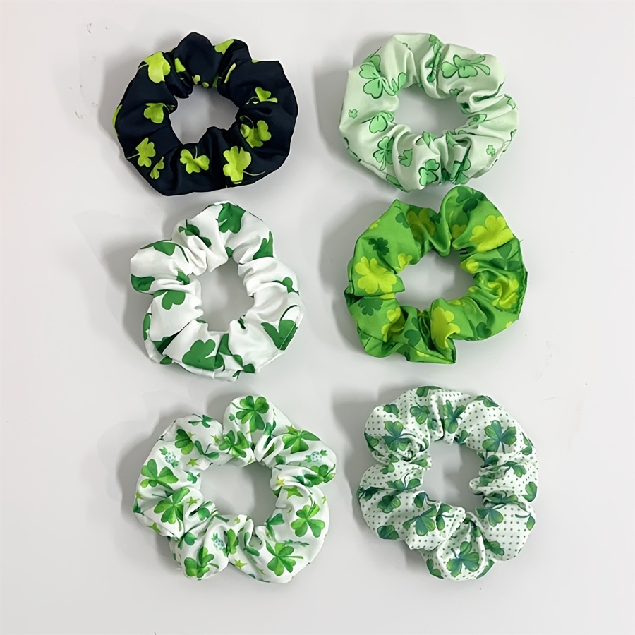 TEMU 6pcs Elegant Clover Print Scrunchies - Boho Chic Fabric Hair Ties For Women, High & Durable Ponytail Holders, Valentine's Day Gifts &