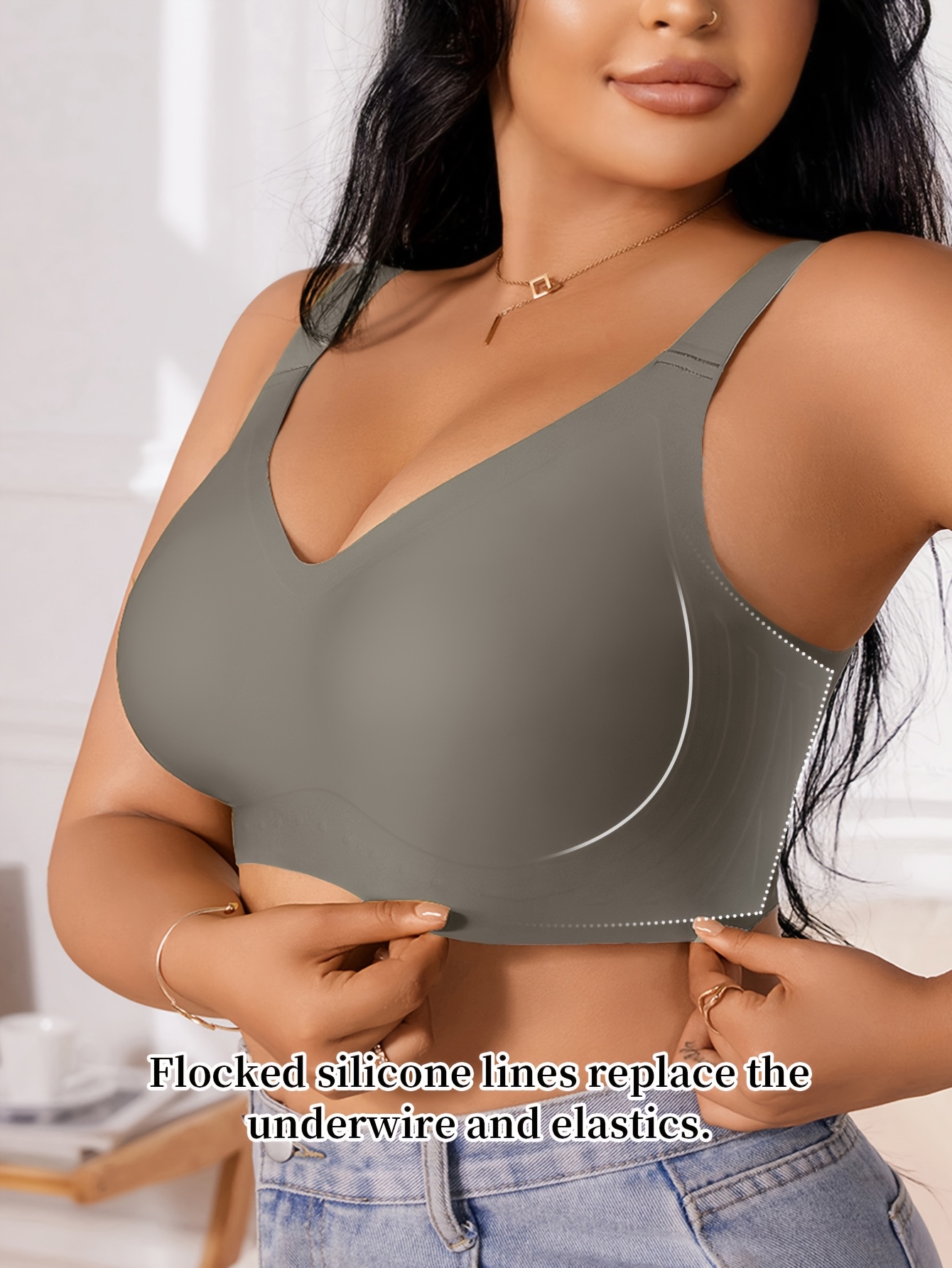 womens plus size seamless v neck jelly strip bra soft support gathered   anti sagging removable padding u shaped back comfortable wireless design