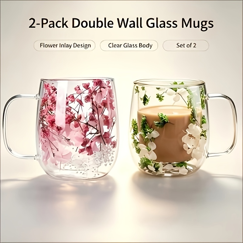 TEMU 2-pack Double Wall Glass Mugs With Embedded Dried Flowers, Clear Hand-held Insulated Glass Cups, Heat-resistant Drinking Tumblers For Coffee,
