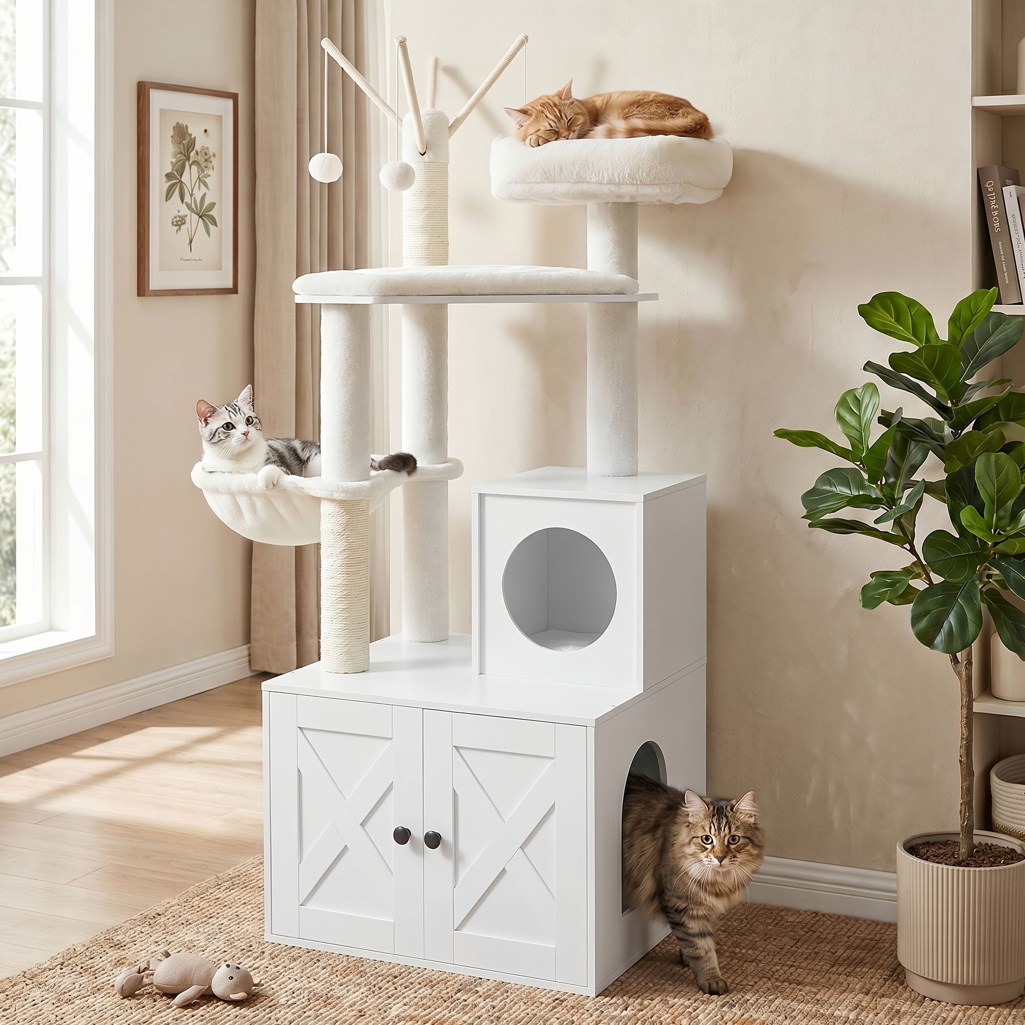 Scratching Post With Litter Box Cabinet, 150cm High, 2-in-1 Cat Tree, Litter Box Cabinet, With Sisal Posts, Removable Plush Balls