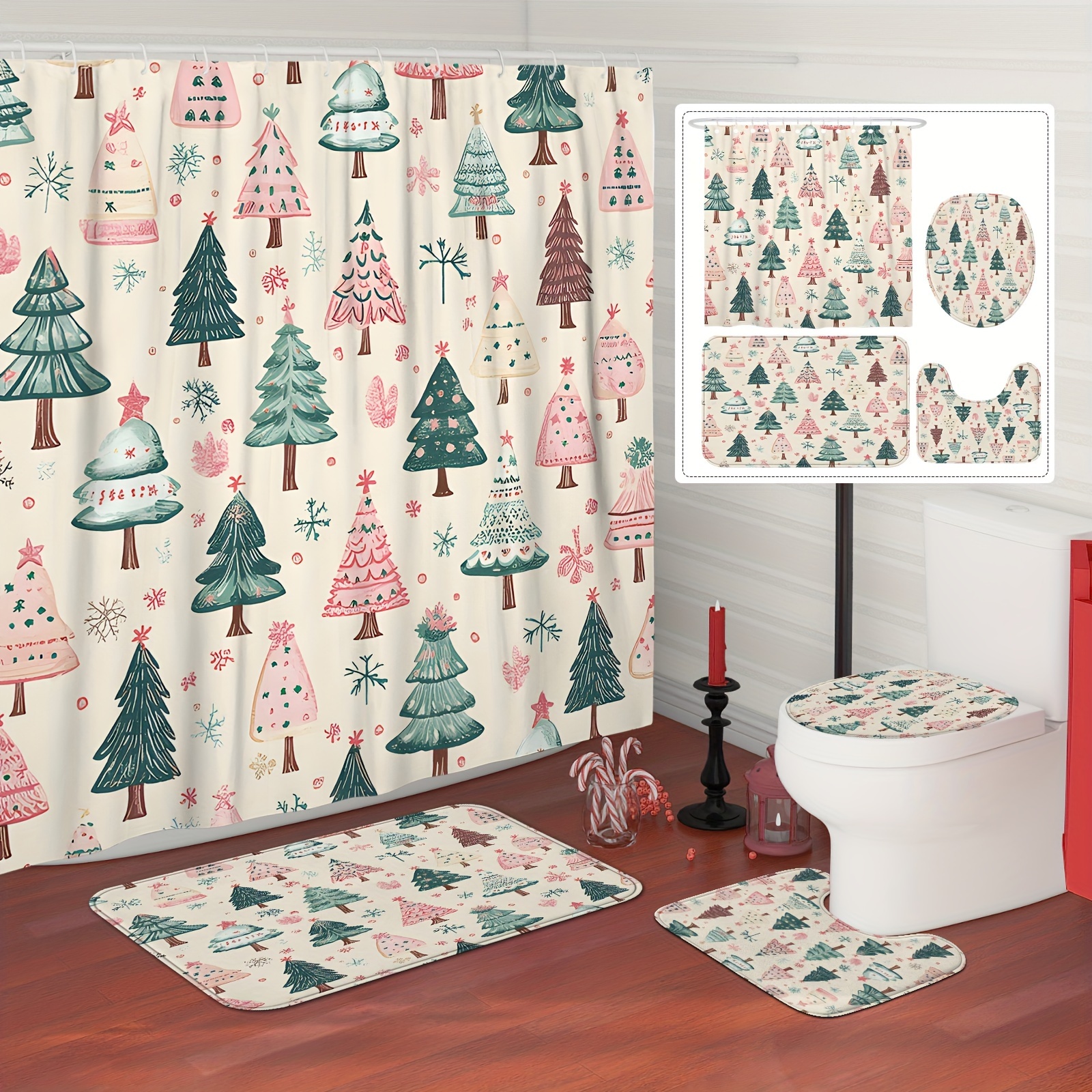 

/4pcs Christmas Christmas Curtain Set Curtain And Rugs Polyester For Bathroom Or Decor 12 Bath Mat Lid Mat