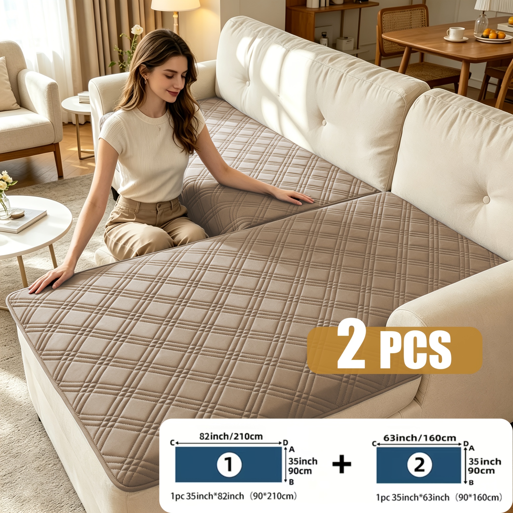 TEMU 2pcs/set Sofa Protector Cover Sofa Cushion L-shaped Sofa Cushion Three-line Geometric Pattern - Durable, Pet-friendly Sofa Covers For Sections -