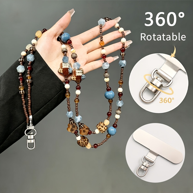TEMU 1pc Vintage Leopard -block Beaded Crossbody Phone Lanyard, Autumn/winter Lazy Style Anti-loss Phone Strap, Niche Versatile Bag Charm
