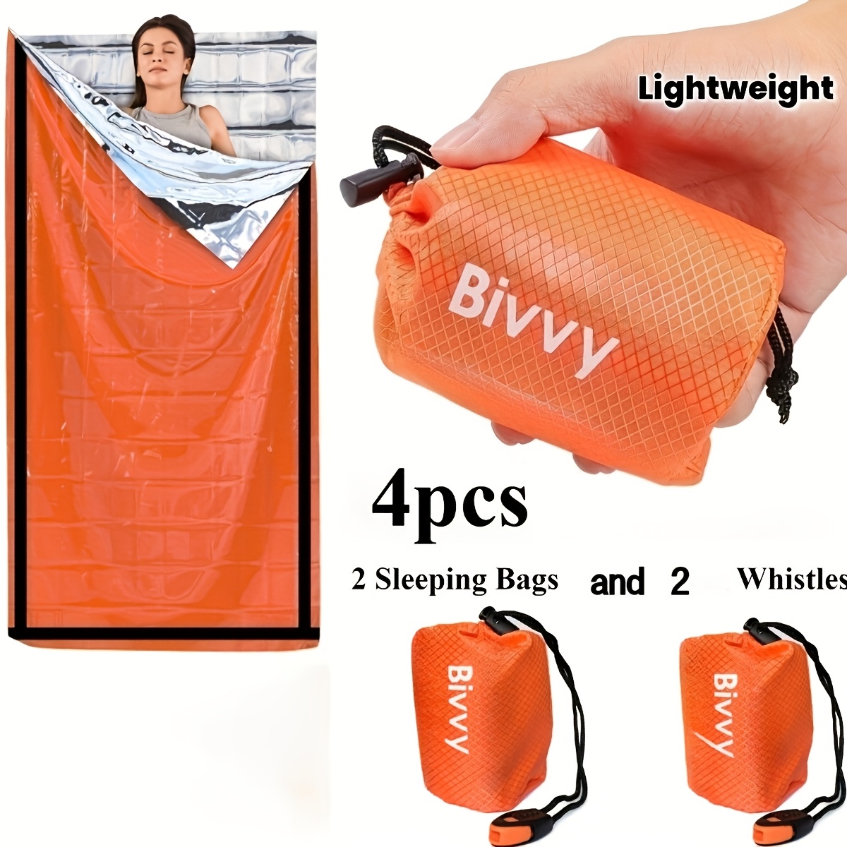 Temu – TEMU 4pcs Sleeping Bag Set (2 Sleeping Bags + 2 Whistles), , Mylar Thermal Blanket, Lightweight Portable Shelter For Camping Gear, Hiking, Outdoor