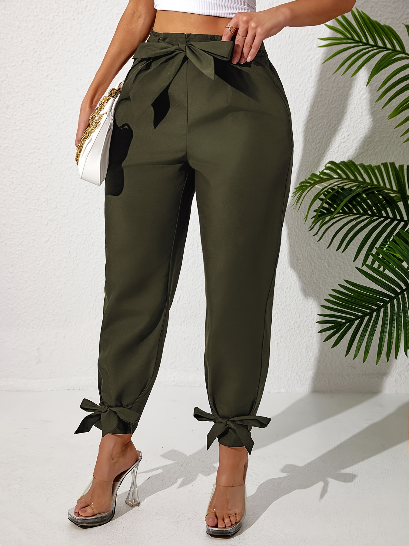 Pantalon elegant de taille pantalon elastique a jambe effilee avec n ud papillon pour femme avec ceinture