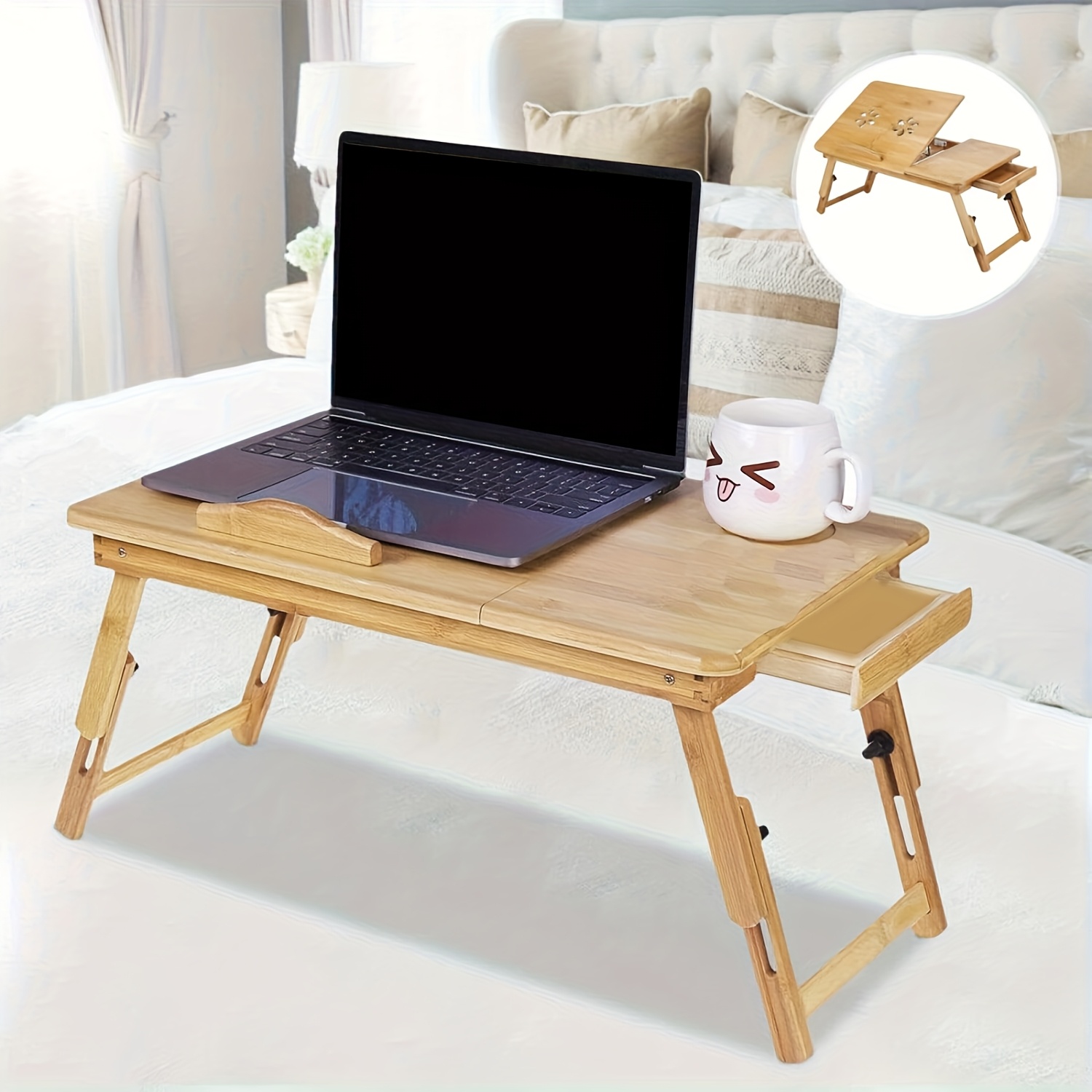Bamboo Bedside Table With Ventilation Holes & Wood Base Suitable For Laptop Desk, Knee Table For Reading, Work, For Office, Compact Side Table For Small Spaces, Bamboo Notebook Table For
