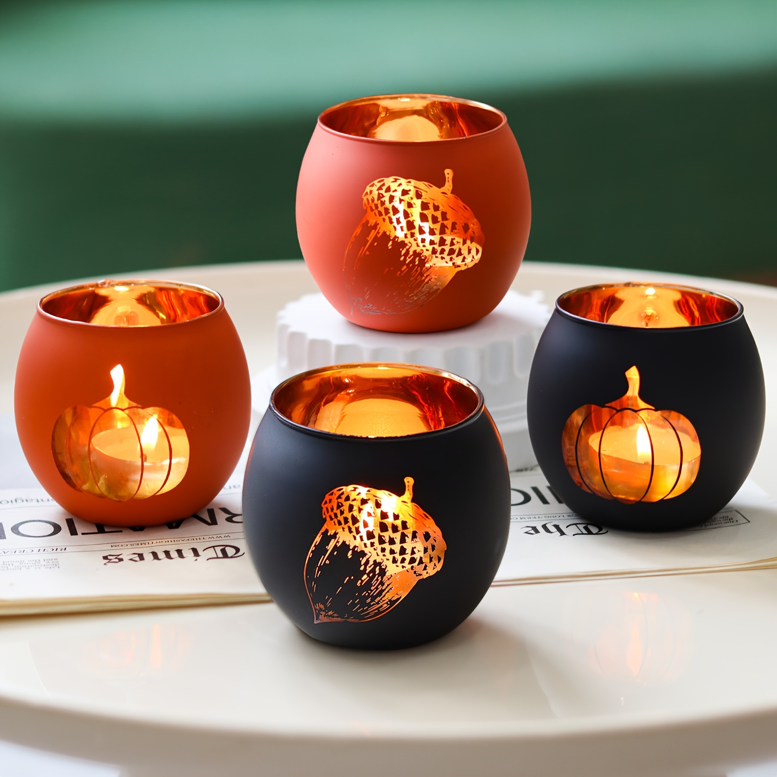 Image of 4 Autumn Candle Holders Featuring Pumpkin Glass Tea Holders, Perfect For Seasonal Decor In Homes, Offices, Table Settings, With A Rustic Charm For Thanksgiving