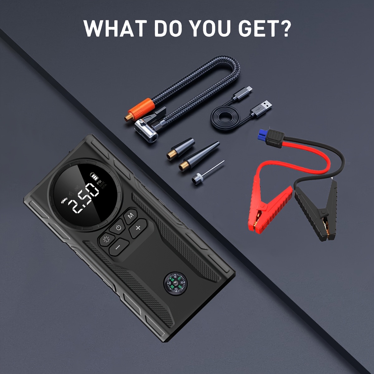 TEMU Démarreur de batterie de voiture avec compresseur d'air - Gonfleur de pneu auto portable, batterie de puissance 29800mAh pour moteurs essence