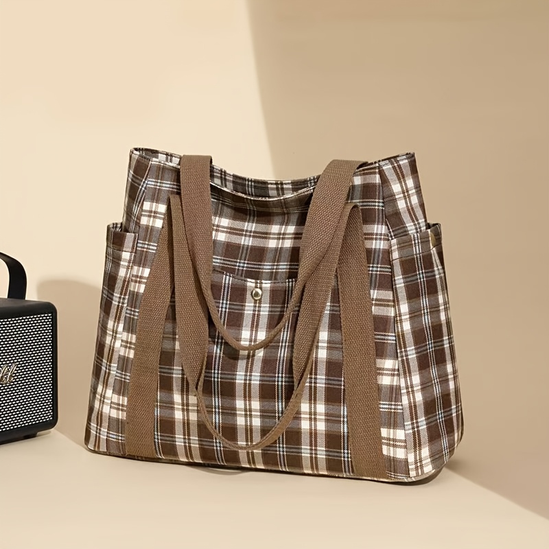 TEMU Weidaola Women's Large & White Checkered School Bag Suitable For Commuting, Bookbag With Widened Strap, Multi-pocket, Front Snap Pocket & Zipper