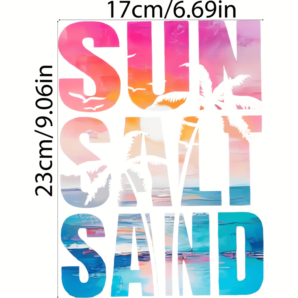 E-shop Set mit 3 fröhlichen Sommer-Aufklebern zum Aufbügeln mit Designs von Sonne, Meer und Sand. Diese waschbaren Vinyl-Transferaufkleber präsentieren