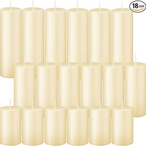 set of 18 ivory pillar candles in bulk in 3 sizes unscented and smokeless weddings and birthday celebrations