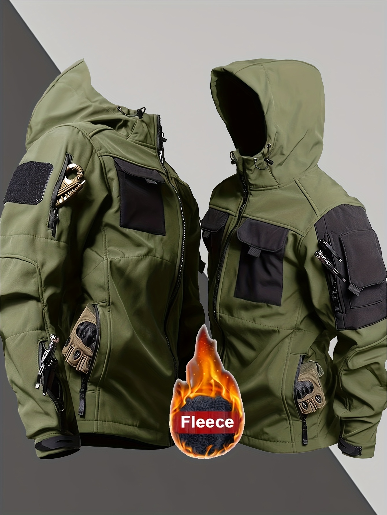 Men's Warm Hooded Zip-Up Shell Jacket with Pockets for Outdoor Activities