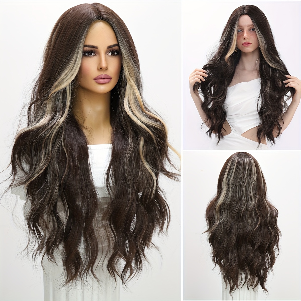 

32 Inch Brown Spot Dyed Synthetic Wig - High-quality Synthetic Hair With Vibrant Colors And Natural Appearance, Suitable For Daily Fashion And Role-playing