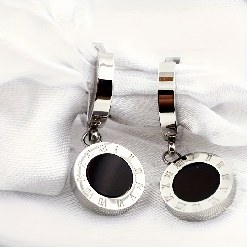 Image of 2pcs Women's Elegant Vintage Roman Hoop Earrings - 304l Stainless Steel, Suitable For Daily Wear And Gift