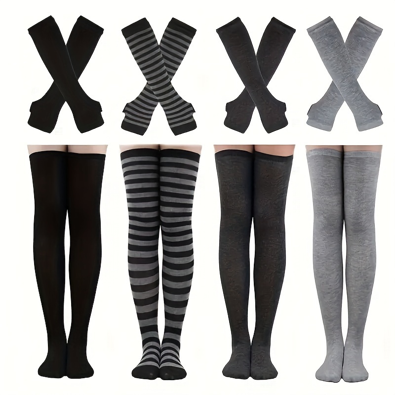 

1 Set Of Teenager's Colorful/solid Striped Knitted Thigh-high Long Stockings & Fingerless Gloves Set