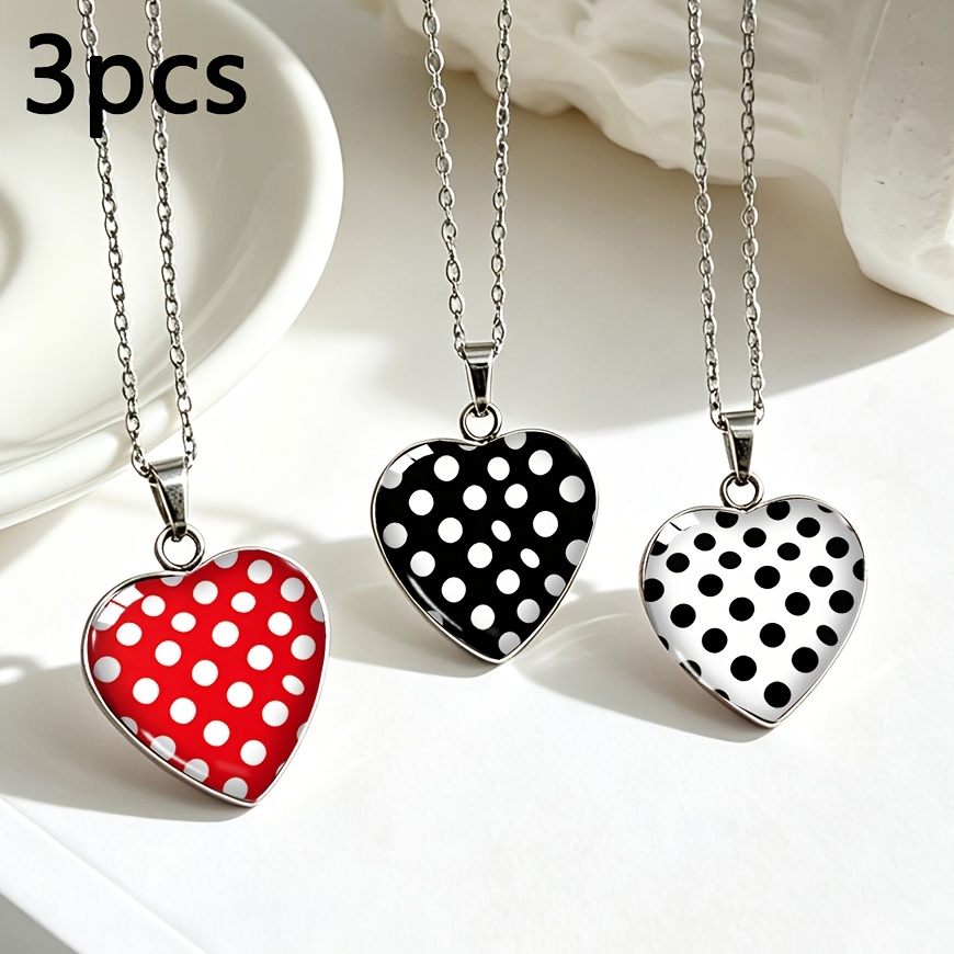 TEMU Parure de 3 en acier inoxydable de de cœur avec pendentif en verre de cœur à pois rouges, blancs et noirs, style vintage minimaliste, parure de